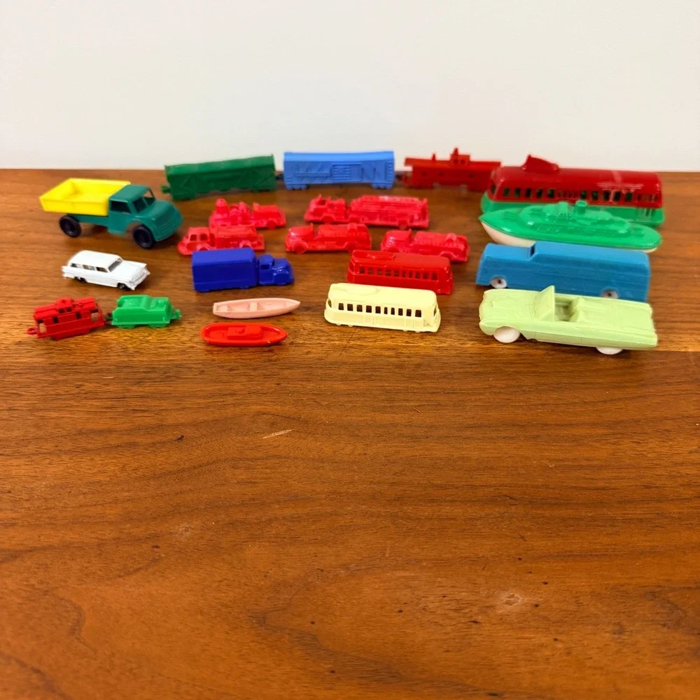 Vintage‎ Plastic Toy Trains Trolley Boats Cars Firetrucks Trucks Lot of 21